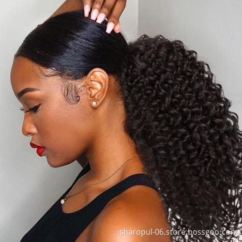 pixie curly ponytail synthetic hair black color kinky straight water wave very big size ponytail